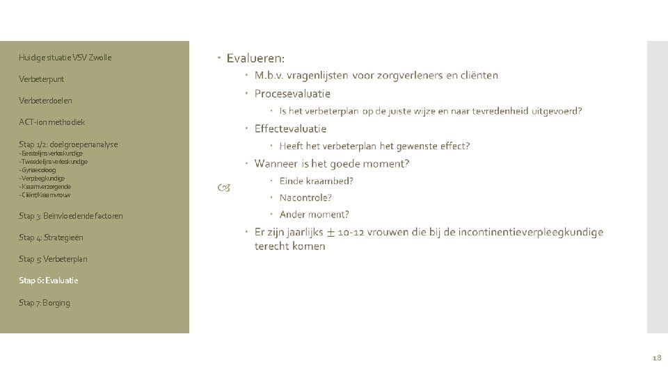 Huidige situatie VSV Zwolle Verbeterpunt Verbeterdoelen ACT-ion methodiek Stap 1/2: doelgroepenanalyse - Eerstelijns verloskundige