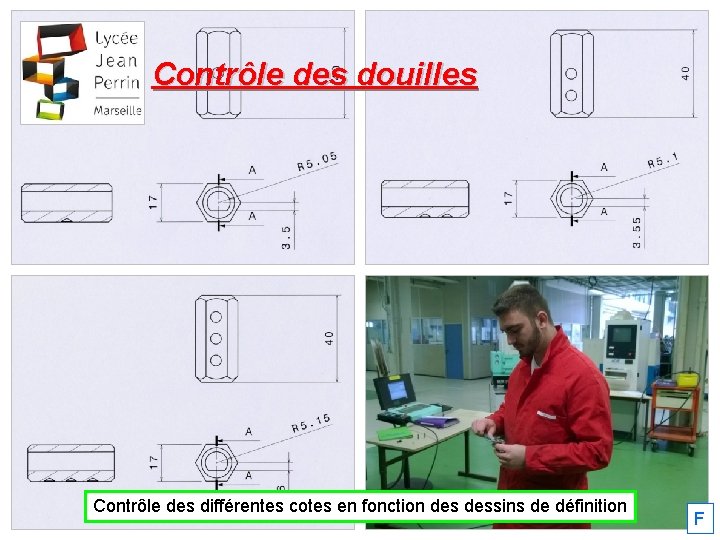 Contrôle des douilles Contrôle des différentes cotes en fonction dessins de définition F 