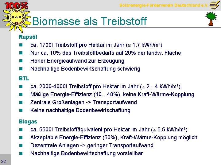 Solarenergie-Förderverein Deutschland e. V. Biomasse als Treibstoff Rapsöl n ca. 1700 l Treibstoff pro