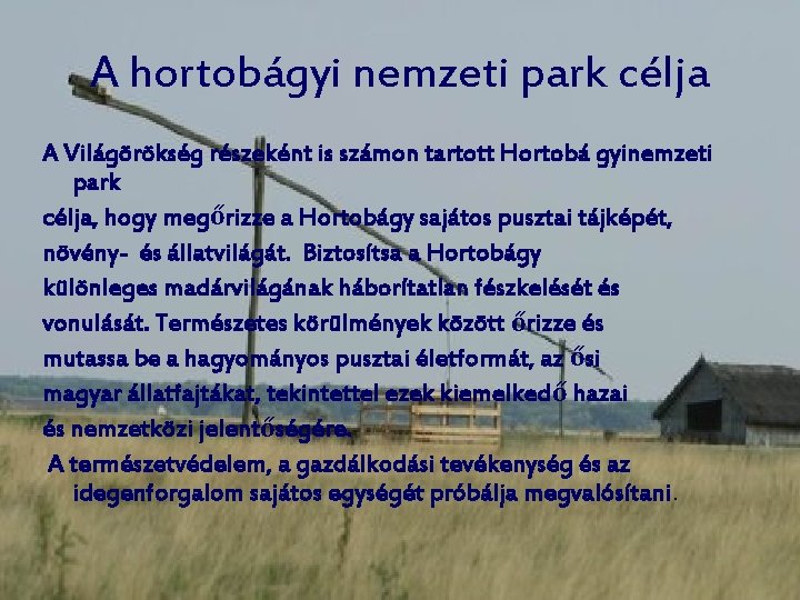 A hortobágyi nemzeti park célja A Világörökség részeként is számon tartott Hortobá gyinemzeti park