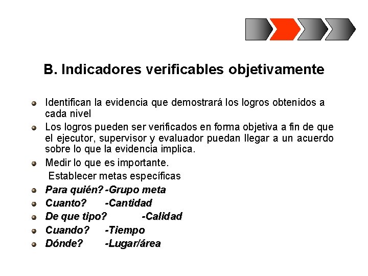 B. Indicadores verificables objetivamente Identifican la evidencia que demostrará los logros obtenidos a cada