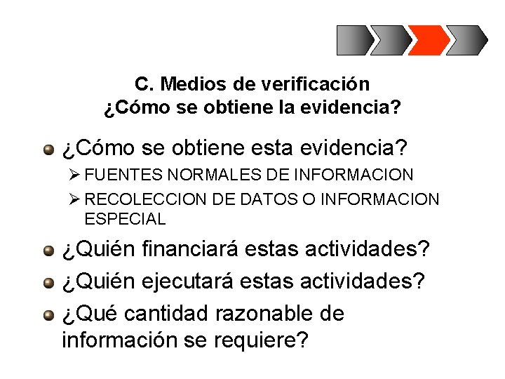 C. Medios de verificación ¿Cómo se obtiene la evidencia? ¿Cómo se obtiene esta evidencia?