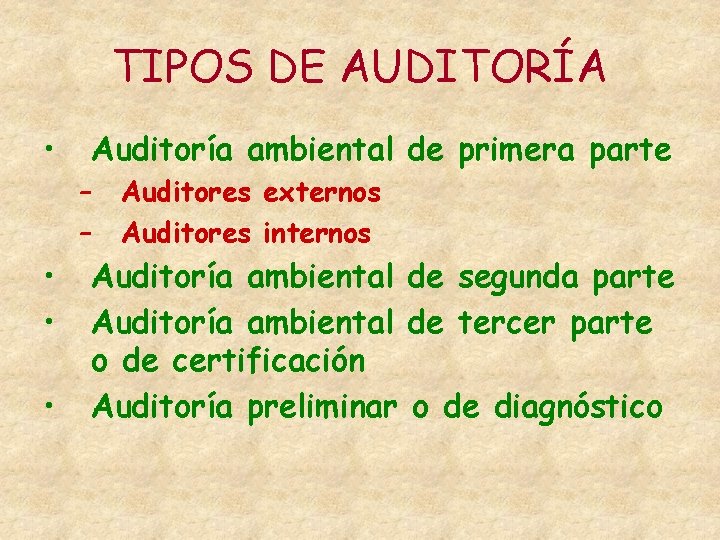 TIPOS DE AUDITORÍA • Auditoría ambiental de primera parte – – • • •