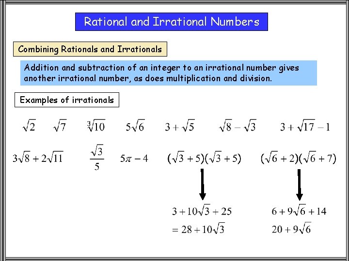 Rational and Irrational Numbers Combining Rationals and Irrationals Addition and subtraction of an integer