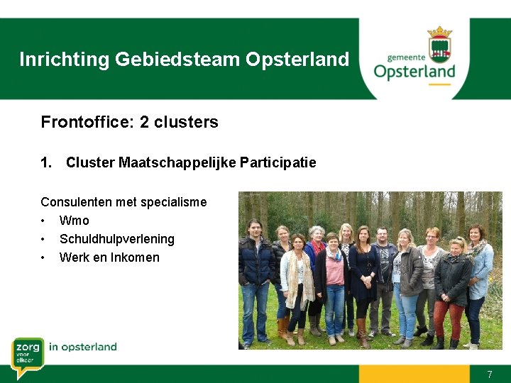 Inrichting Gebiedsteam Opsterland Frontoffice: 2 clusters 1. Cluster Maatschappelijke Participatie Consulenten met specialisme •