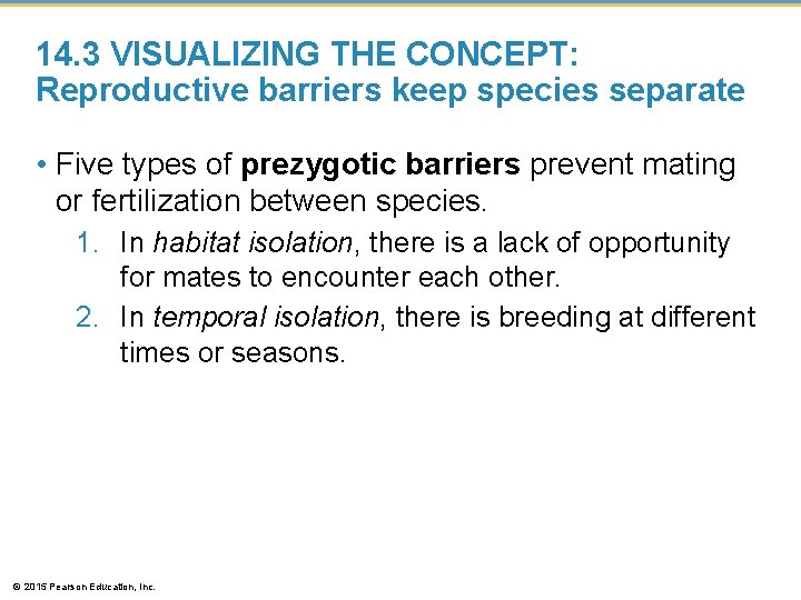 14. 3 VISUALIZING THE CONCEPT: Reproductive barriers keep species separate • Five types of