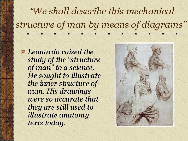 “We shall describe this mechanical structure of man by means of diagrams” Leonardo raised