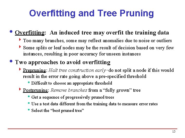 Overfitting and Tree Pruning i Overfitting: An induced tree may overfit the training data