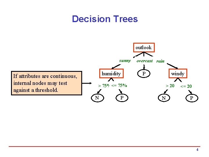 Decision Trees outlook sunny If attributes are continuous, internal nodes may test against a
