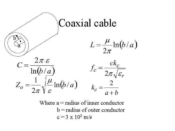 Coaxial cable b a Where a = radius of inner conductor b = radius