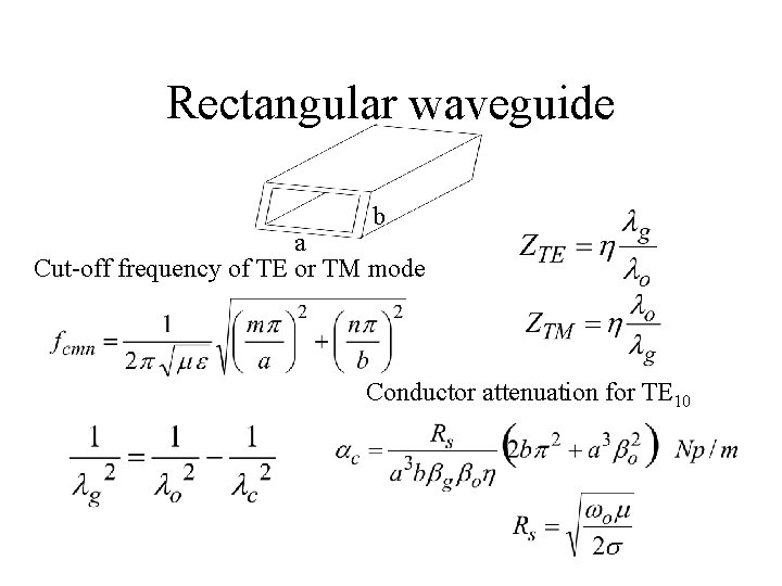 Rectangular waveguide b a Cut-off frequency of TE or TM mode Conductor attenuation for
