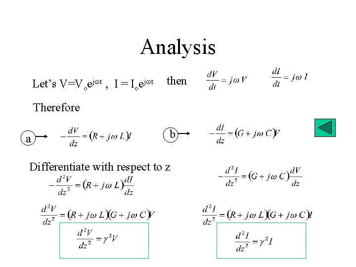 Analysis Let’s V=Voejwt , I = Ioejwt then Therefore a b Differentiate with respect Analysis Let’s V=Voejwt , I = Ioejwt then Therefore a b Differentiate with respect