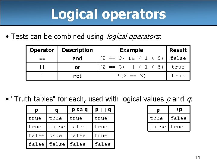 Logical operators • Tests can be combined using logical operators: Operator && Description ||