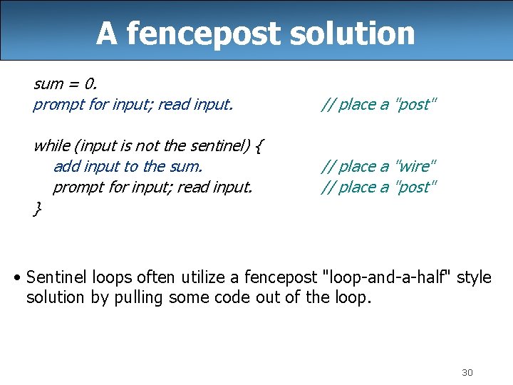 A fencepost solution sum = 0. prompt for input; read input. while (input is