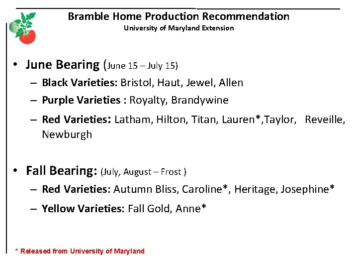 Bramble Home Production Recommendation University of Maryland Extension • June Bearing (June 15 –