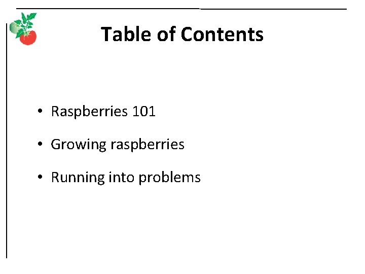 Table of Contents • Raspberries 101 • Growing raspberries • Running into problems 