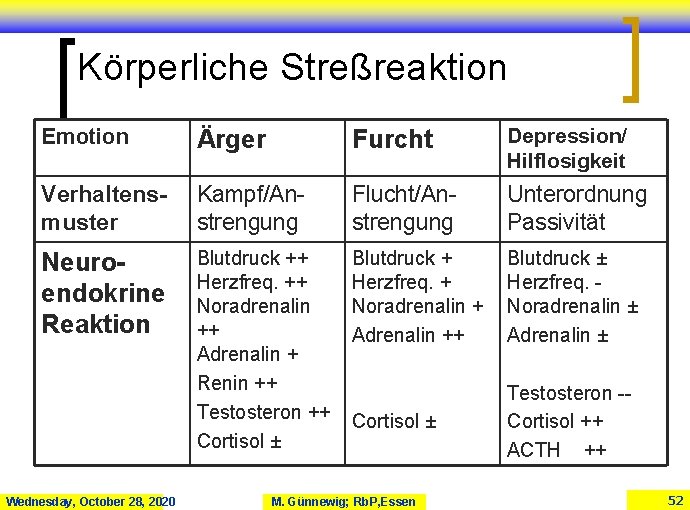 Körperliche Streßreaktion Emotion Ärger Furcht Depression/ Hilflosigkeit Verhaltensmuster Kampf/Anstrengung Flucht/Anstrengung Unterordnung Passivität Neuroendokrine Reaktion