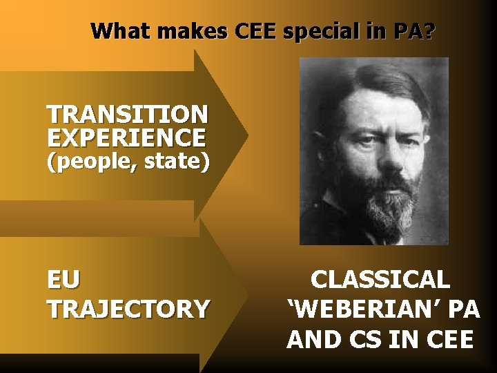 What makes CEE special in PA? TRANSITION EXPERIENCE (people, state) EU TRAJECTORY CLASSICAL ‘WEBERIAN’