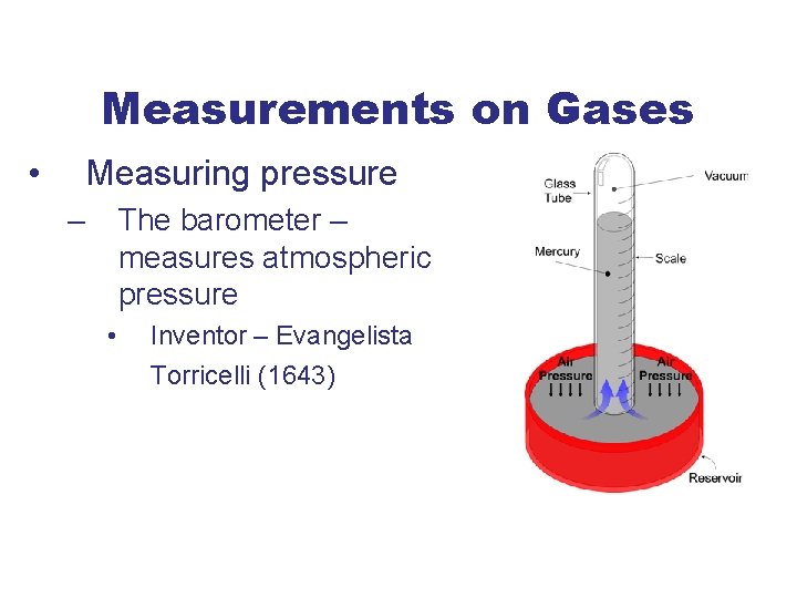 Measurements on Gases • Measuring pressure – The barometer – measures atmospheric pressure •