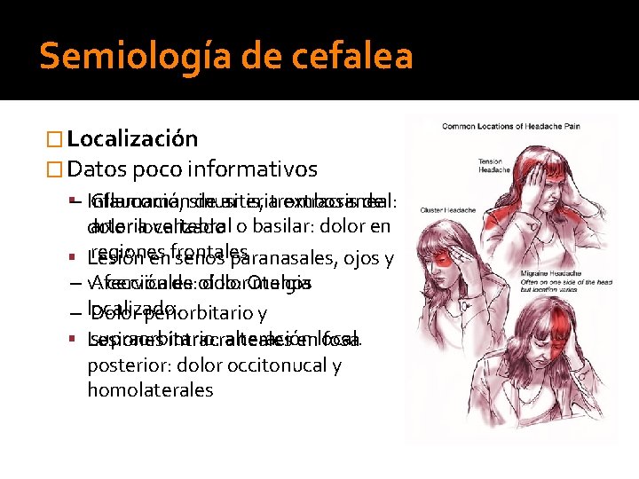 Semiología de cefalea � Localización � Datos poco informativos Glaucoma, sinusitis, de – Inflamación