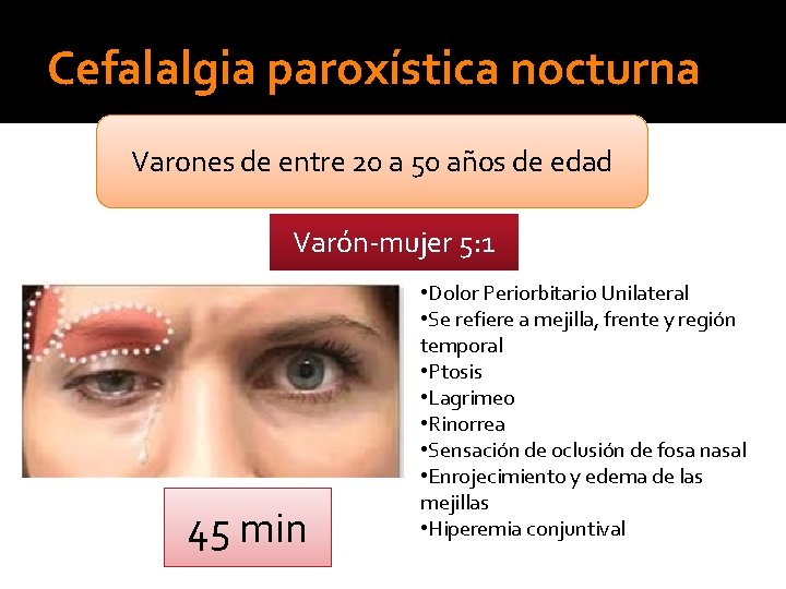 Cefalalgia paroxística nocturna Varones de entre 20 a 50 años de edad Varón-mujer 5: