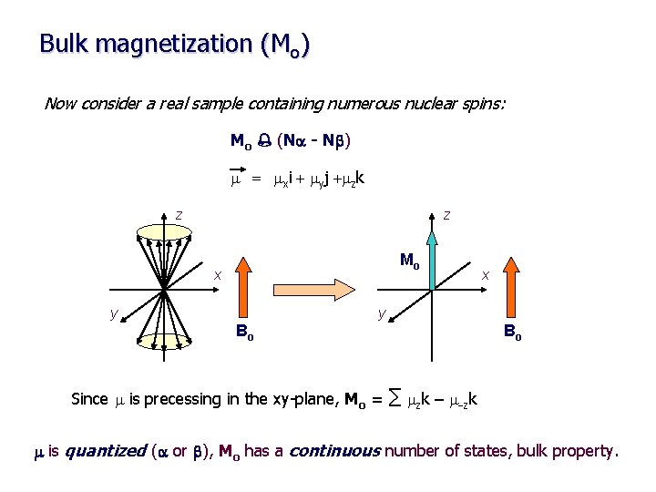 Bulk magnetization (Mo) Now consider a real sample containing numerous nuclear spins: Mo %