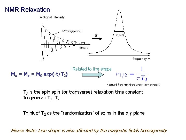 NMR Relaxation Mx = My = M 0 exp(-t/T 2) Related to line-shape (derived