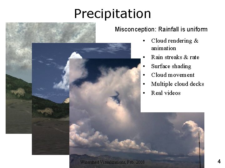 Precipitation Misconception: Rainfall is uniform • Cloud rendering & animation • Rain streaks &