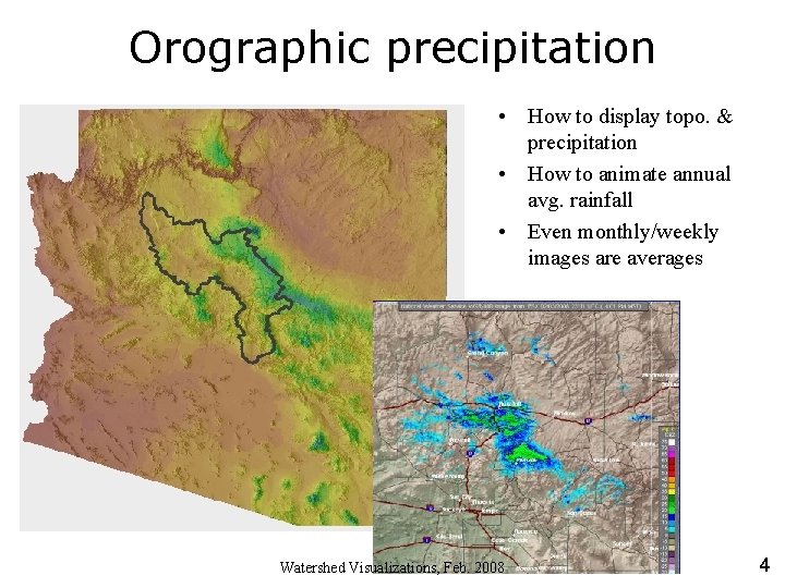 Orographic precipitation • How to display topo. & precipitation • How to animate annual