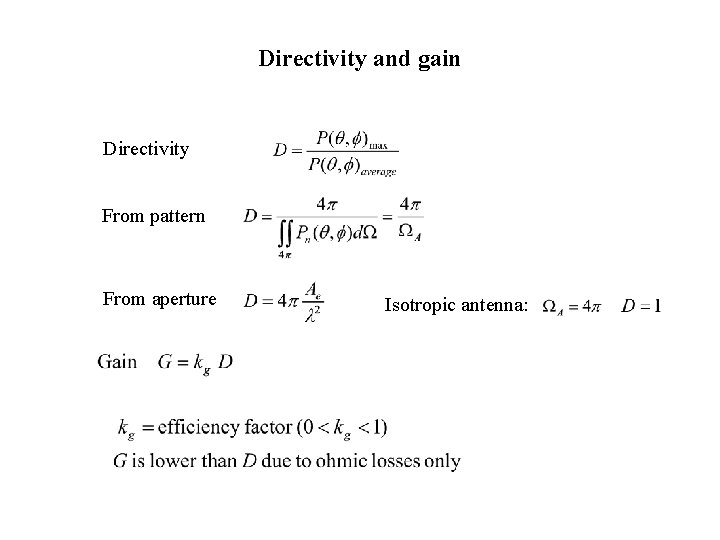 Directivity and gain Directivity From pattern From aperture Isotropic antenna: 