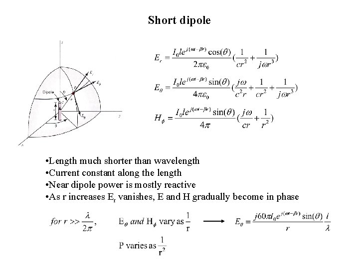 Short dipole • Length much shorter than wavelength • Current constant along the length