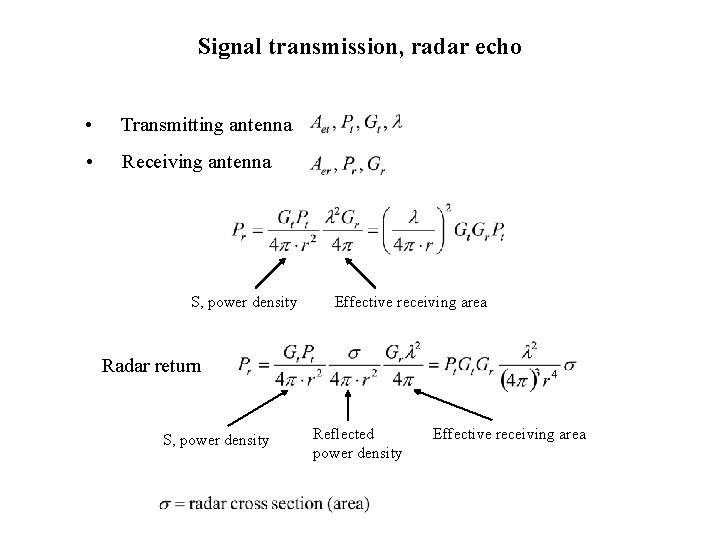 Signal transmission, radar echo • Transmitting antenna • Receiving antenna S, power density Effective