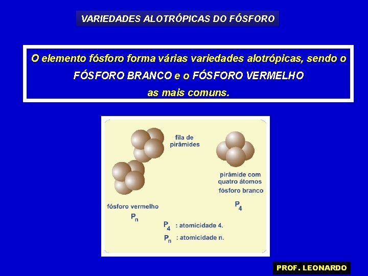 VARIEDADES ALOTRÓPICAS DO FÓSFORO O elemento fósforo forma várias variedades alotrópicas, sendo o FÓSFORO