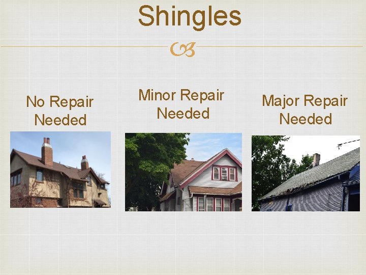 Shingles No Repair Needed Minor Repair Needed Major Repair Needed 