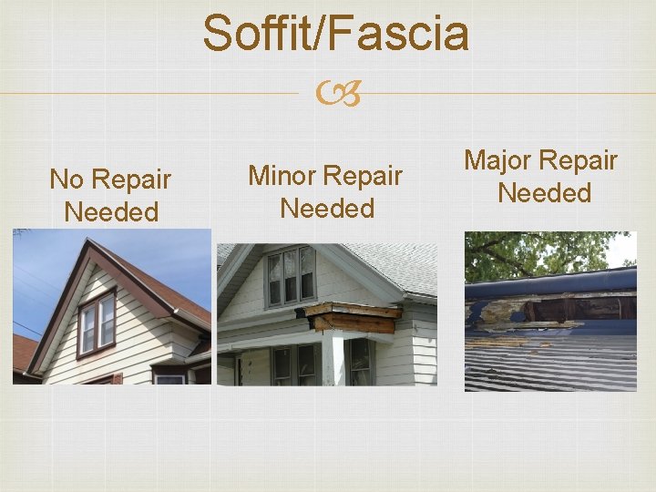 Soffit/Fascia No Repair Needed Minor Repair Needed Major Repair Needed 