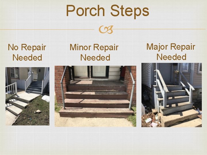 Porch Steps No Repair Needed Minor Repair Needed Major Repair Needed 