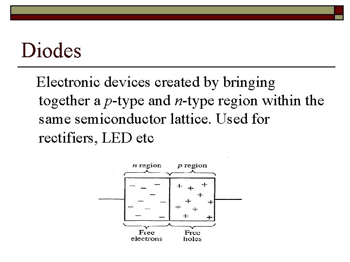 Diodes Electronic devices created by bringing together a p-type and n-type region within the