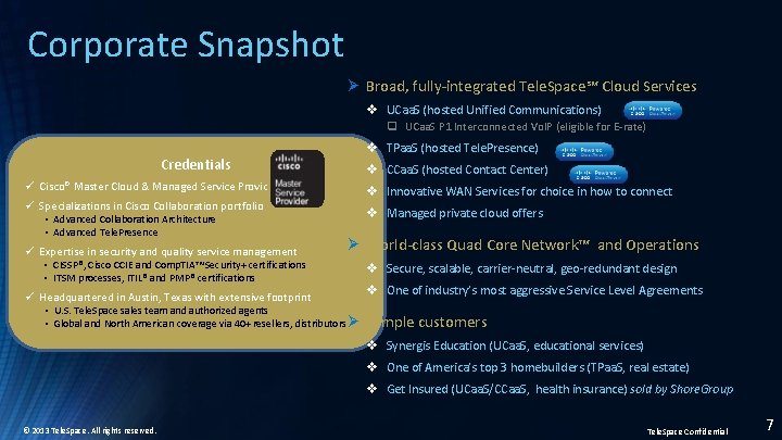 Corporate Snapshot Ø Broad, fully-integrated Tele. Space℠ Cloud Services v UCaa. S (hosted Unified