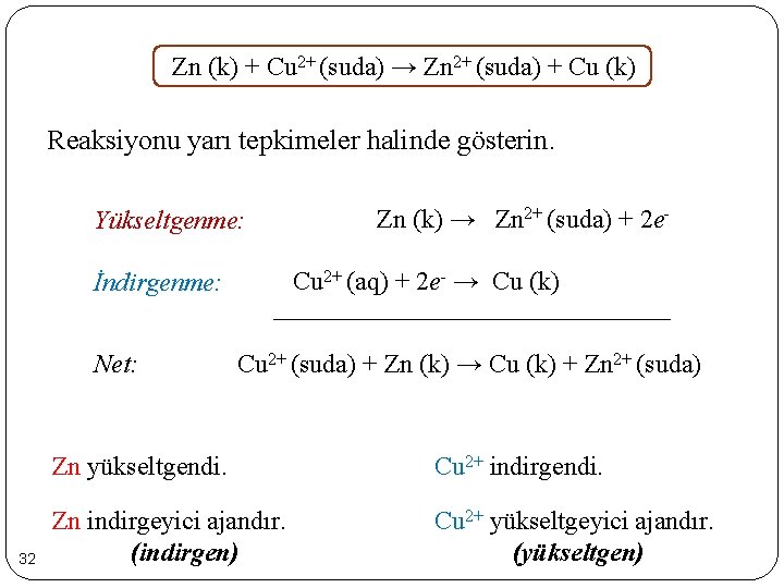 Zn (k) + Cu 2+ (suda) → Zn 2+ (suda) + Cu (k) Reaksiyonu