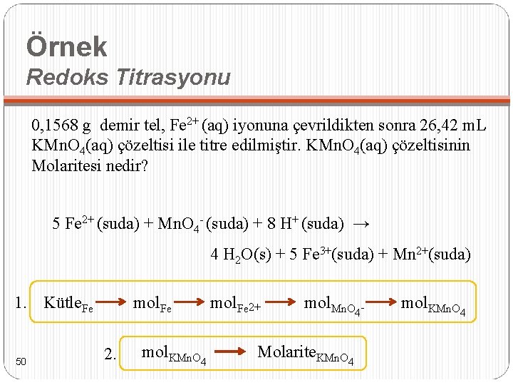 Örnek Redoks Titrasyonu 0, 1568 g demir tel, Fe 2+ (aq) iyonuna çevrildikten sonra