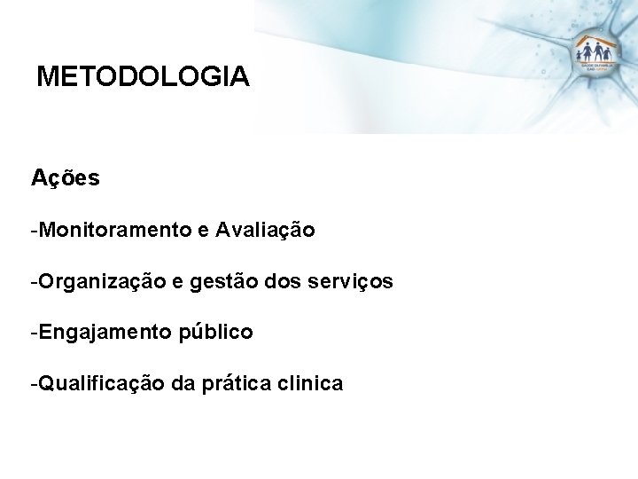 METODOLOGIA Ações -Monitoramento e Avaliação -Organização e gestão dos serviços -Engajamento público -Qualificação da