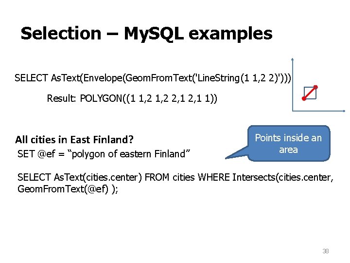 Selection – My. SQL examples SELECT As. Text(Envelope(Geom. From. Text('Line. String(1 1, 2 2)'))) Selection – My. SQL examples SELECT As. Text(Envelope(Geom. From. Text('Line. String(1 1, 2 2)')))