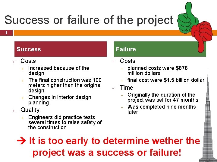 Success or failure of the project 4 Success + Costs + + Increased because Success or failure of the project 4 Success + Costs + + Increased because