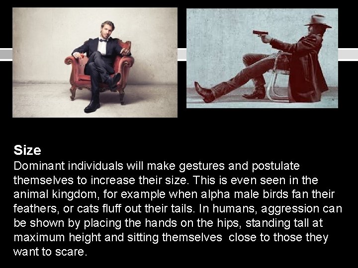 Size Dominant individuals will make gestures and postulate themselves to increase their size. This