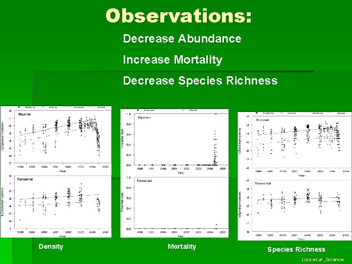 Observations: Decrease Abundance Increase Mortality Decrease Species Richness Density Mortality Species Richness Lips et