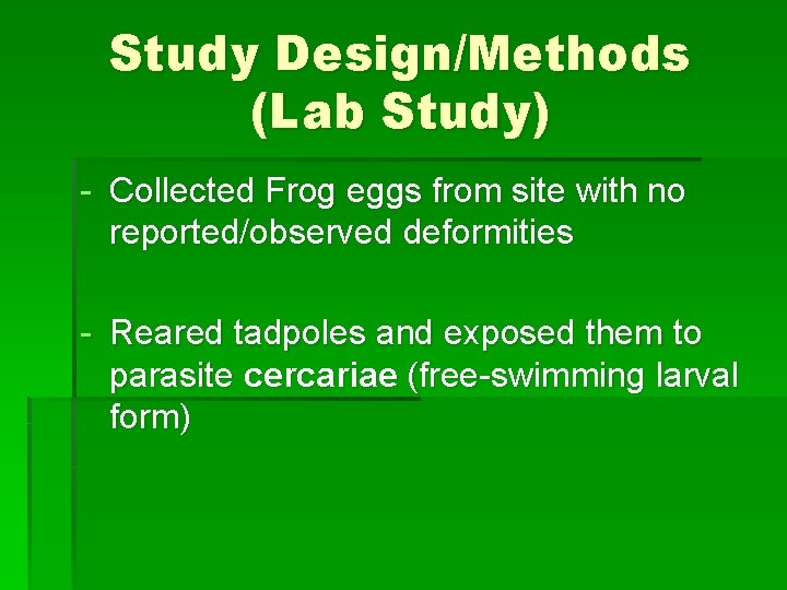 Study Design/Methods (Lab Study) - Collected Frog eggs from site with no reported/observed deformities