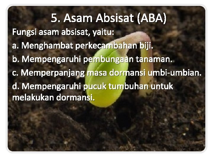 5. Asam Absisat (ABA) Fungsi asam absisat, yaitu: a. Menghambat perkecambahan biji. b. Mempengaruhi