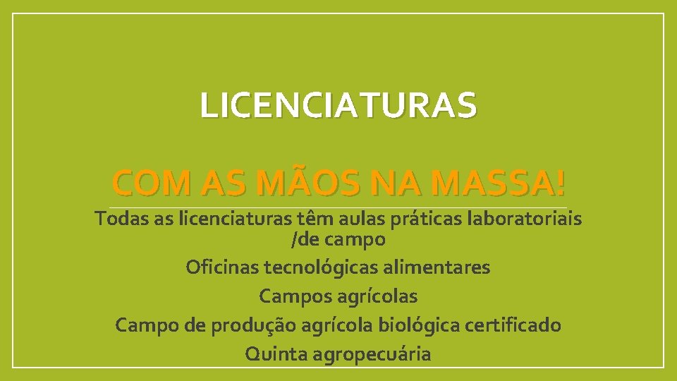 LICENCIATURAS COM AS MÃOS NA MASSA! Todas as licenciaturas têm aulas práticas laboratoriais /de