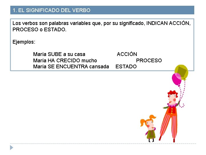 1. EL SIGNIFICADO DEL VERBO Los verbos son palabras variables que, por su significado,