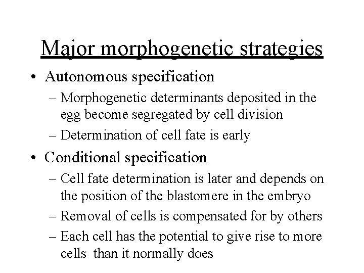 Major morphogenetic strategies • Autonomous specification – Morphogenetic determinants deposited in the egg become